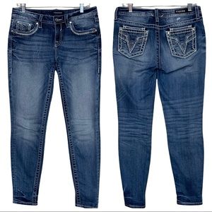 Vigoss Skinny Distressed Bling Metallic Embroidered Gem Stretchy Jeans 6